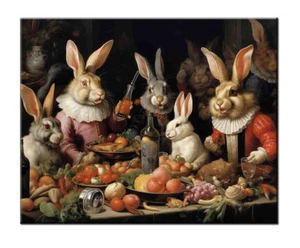 Bunnies Oil Painting Printed On Canvas-Rabbit Prints-Vintage Home Wall Decor-V - Picture 1 of 8