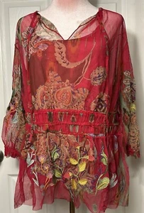 Johnny Was NWT Mesh Blouse W/ Slip Sz XL SLEEVED Embroidered Floral Boho - Picture 1 of 15
