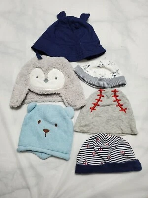 6 Baby Boy Hats Size New Born To 6 Months Baby Hats Pre-owned Cute/ Adorable  - Image 1 of 4