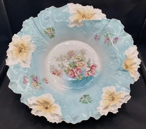 HUGE RS PRUSSIA LARGE CARNATION BLUE & YELLOW DECORATIVE 15” BOWL WITH ROSES - Picture 1 of 9