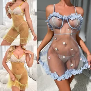 Sexy V Neck Women Lingerie See-through Mini Nightgown Underwear Babydoll Chemise - Picture 1 of 25