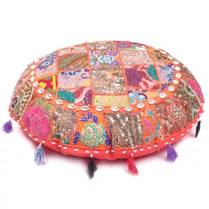 Orange Round Patchwork Floor Throw Cover Embroidered Meditation Cushion Cover28" - Picture 1 of 6