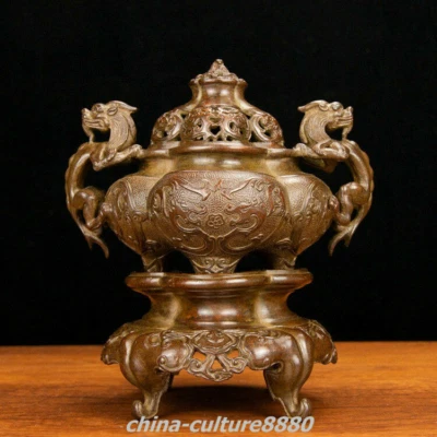 22.5cm Old China Dynasty Pure Bronze 3 lAYER Dragon Incense Burner Censer - Image 1 of 4