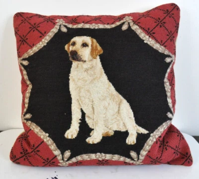 16" x 16" Handmade Wool Needlepoint Petit Point Yellow Labrador Dog Pillow - Image 1 of 4