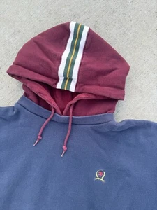 Vintage Tommy Hilfiger Navy Red Pullover Hoodie Double Layer Crew Neck 2XL - Picture 1 of 13