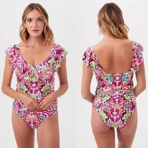 NEW TRINA TURK SWIM Hawaiian Garden Ruffle V-Neck Tankini Swim Top Size 6 Small - Picture 1 of 8