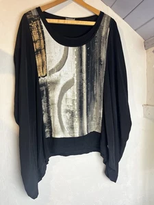 Naya Oversized Batwing Top Black Beige Abstract Layered Asymmetric Lagenlook - Picture 1 of 4