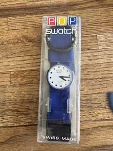 NIB 80s POP Swatch Blue Dots Dial Blue Band - Picture 1 of 3