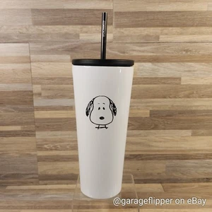 Snoopy Corkcicle Insulated 24 oz Tumbler Cup Lid Peanuts Metal Straw White Black - Picture 1 of 12