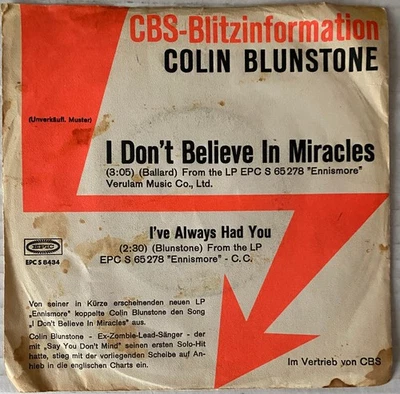 COLIN BLUNSTONE - I DON`T BELIEVE IN MIRACLES & I`VE ALWASY HAD YOU - PROMO 1972 - Bild 1 von 4