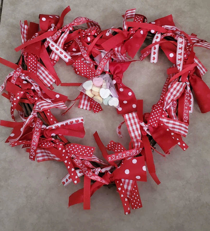 Handmade Valentine’s Day Heart Wreath with Red & White Ribbons and Heart-Shaped - Image 1 of 1