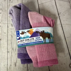 Hot Chillys Girls Wool Blend Trail Socks 4 Pair Large Pink Purple Shoe Size 4-10 - Picture 1 of 6