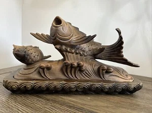 Smoking Carp Leaping Over The Dragon Gate Boxwood Hand Carved Vtg - Picture 1 of 23