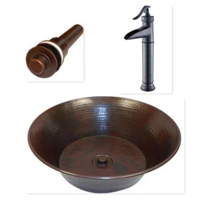 Fregadero Cazo recipiente redondo de cobre de 15" con grifo ORB de 13" y drenaje LT Foto 1 de 4