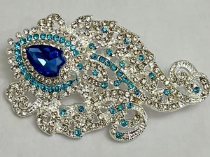 Flower Crystal Rhinestone Brooch Vintage Pin Glass Peacock Feather Blue Clear US - Picture 1 of 10