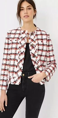 Blazer Abrigo Chaqueta Patriótica Ann Taylor Flecos a Cuadros Tweed EE. UU. 12 Petite Foto 1 de 4