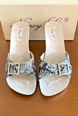 Vintage Nancy Li Faux Black & White Snakeskin 3" Heel Sandals Rhinestone Buckle - Image 1 of 4