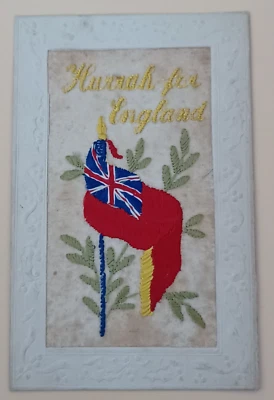 Silk Embroidered Postcard WW2 Hurrah for England flag - Image 1 of 2