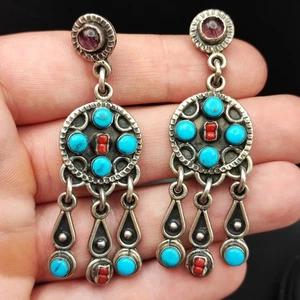 Pendientes grandes vintage México plata 925 turquesa coral estilo MATL silver  - Imagen 1 de 7