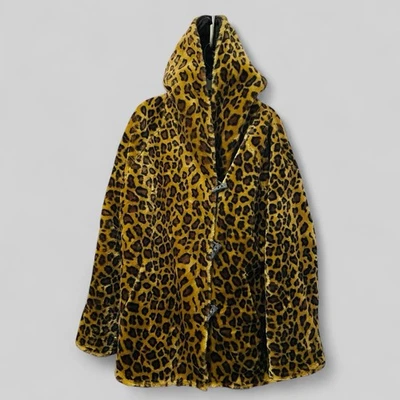 VTG 90’s Leopard Print Faux Fur Cheetah Coat Jacket Reversible Black Denim S/M - Image 1 of 4