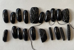 Antique Victorian Carved Whitby jet Black Bead Stretch Bracelet For Restoration - Picture 1 of 18