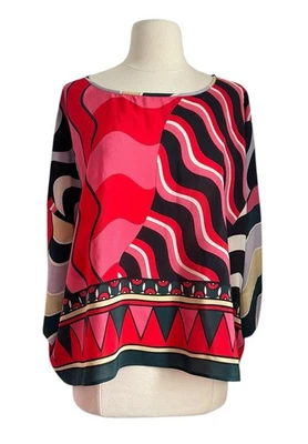 Blusa de seda estampada Missoni talla MD cuello barco manga 3/4 hombro caído rojo rosa Foto 1 de 4