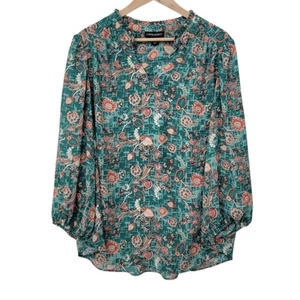Cynthia Rowley Blouse 2X Floral Green Boho Work Office Career V Neck 3/4 Popover - Picture 1 of 14