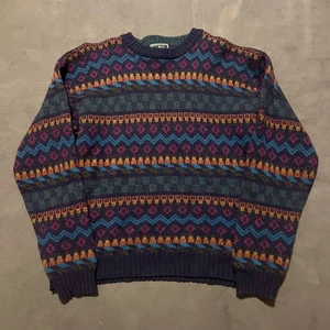 VTG Woolrich Fair Isle Aztec Geometric Pattern Wool Knit Sweater L Handframed - Picture 1 of 6