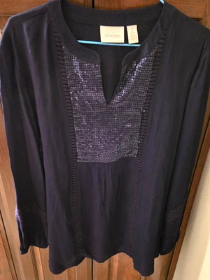 Usado en Excelente Condición - CHICO'S TOP Talla 2 Azul Marino 100% Rayón Manga Larga - Corpiño Lentejuelas Transparentes Foto 1 de 2