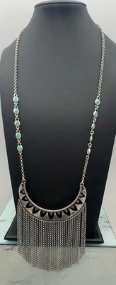 Nuevo con etiquetas Collar Boho Lucky Brand Tono Plata Imitación Turquesa y Flecos Foto 1 de 4