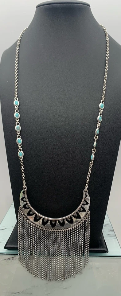 Новый с Ярлыками Lucky Brand серебристого тона искусственной бирюзы и бахромы заявление ожерелье богемное - Изображение 1 из 1