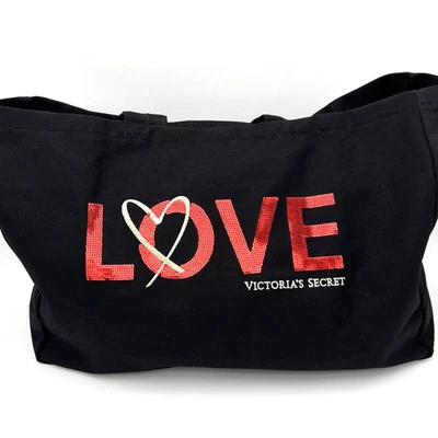 Victoria's Secret Tote XL Black W/ Red Sequin Love Gold Heart Love Victoria Bag - Image 1 of 4