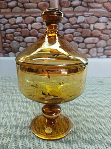 Candy Dish Vintage Amber Glass GOLD LEAF Lidded Made In ROMANIA - Picture 1 of 16
