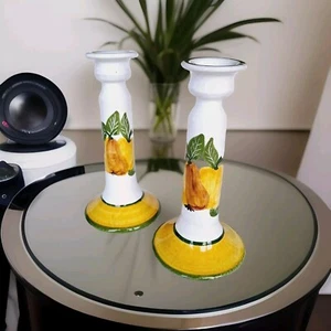 Lurdes Portugal Terracotta Candlestick Holders Hand Painted Apple Pear Vintage - Picture 1 of 5