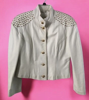 Chaqueta de cuero blanca con tachuelas doradas vintage para mujer LILLIE RUBIN EXCLUSIVE 10-12 M Foto 1 de 4