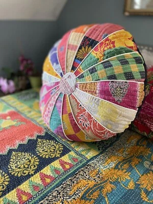 HandMade Indian Kantha Round Pouff Cover. Bohemian Floor Pillow Cover. UNSTUFFED - Image 1 of 4