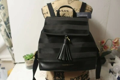 TOMMY HILFIGER Mochila Bolso de Hombro Cuero Sintético a Rayas Negro Sobre Negro Nuevo con Etiquetas Foto 1 de 4