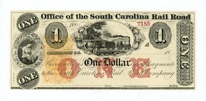 1800's $1 The Office of the SOUTH CAROLINA Rail Road Note w/ TRAIN AU/UNC - Picture 1 of 2