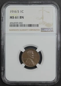 1916 S Lincoln Wheat Copper Cent 1C NGC MS 61 BN - Picture 1 of 4