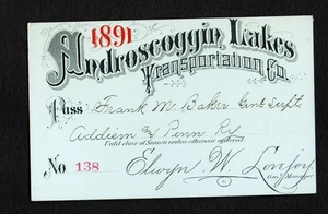1891 Androscoggin Lakes Railroad Train Pass - Picture 1 of 3