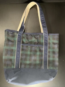 LANDS END Vintage Boat Canvas Tote Shopper Purse Bag Blue & Green Plaid - Picture 1 of 15