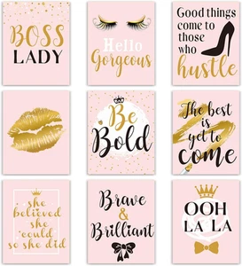 9 Pezzi Ispirazione Decorazione Parete per Donna, Rosa e Oro Trucco Ciglia Labbra Wall Art - Foto 1 di 12