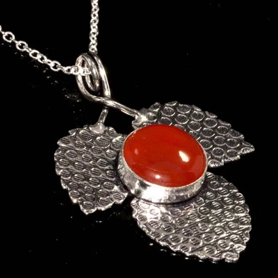 Leaf Carnelian 925 Silver Plated Necklace 17" Christmas Jewelry GW - Image 1 of 3