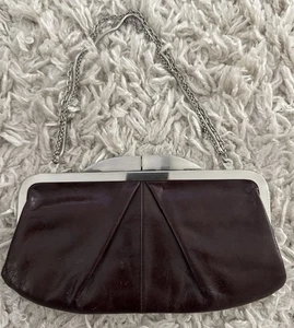 HOBO Hayward Kisslock Clutch Brown Leather Silver Chain Handle Wallet Purse Bag - Picture 1 of 9