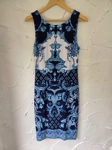Joseph Ribkoff Size 12 Blue White Symmetry Dress Bodycon Stretch - Picture 1 of 6