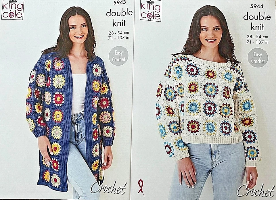 KING COLE CROCHET. CHOICE OF LEAFLETS FOR EASY GRANNY SQUARE CARDIGANS/JUMPERS - Image 1 of 1