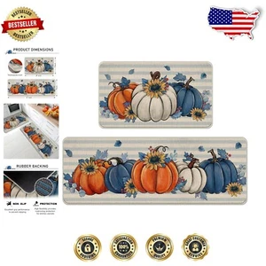 2-Piece Non-Slip Fall Kitchen Mats - Pumpkin & Sunflower Design, Stain Resistant - Picture 1 of 10