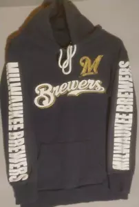 Milwaukee Brewers SPELL OUT Sleeves Hoodie Sweatshirt SZ Mens small - MLB Cool - Picture 1 of 8