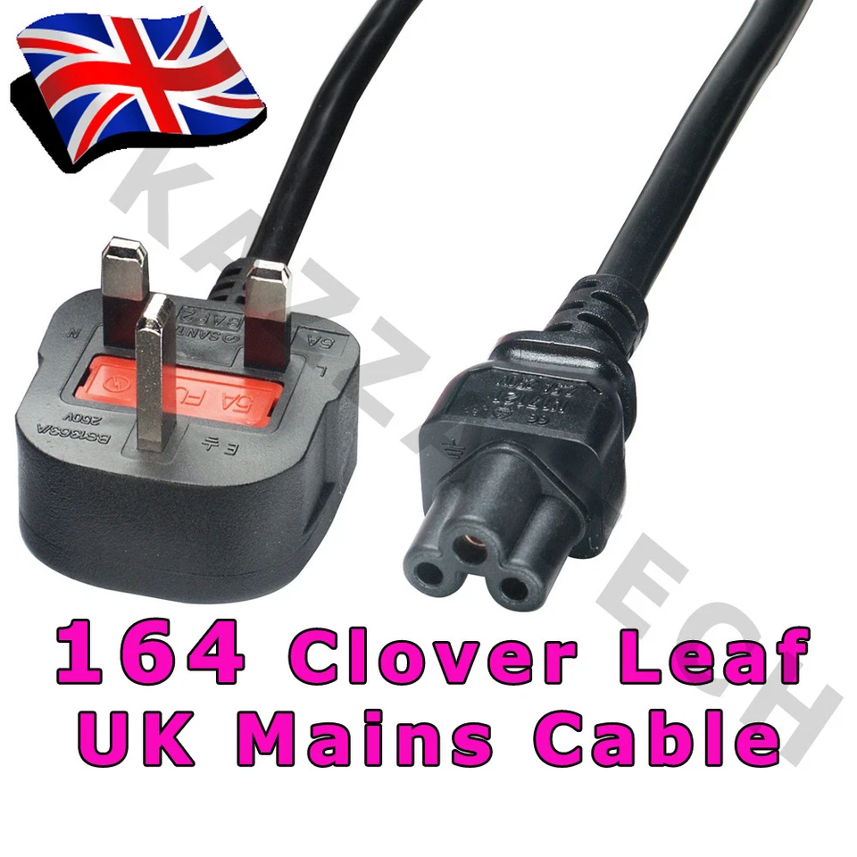164 x Clover Leaf 3-Pin Power Cord Mains Cable Lead UK Plug!!! Laptop 5A FUSED - Image 1 of 1