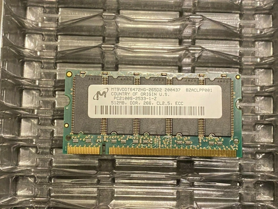 Micron 512MB PC2100E DDR 266 CL2.5 ECC Unbuffered SODIMM MT9VDDT6472HG-265D2 - Image 1 of 1